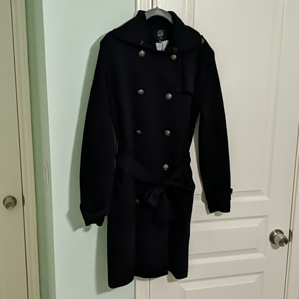 Navy knit long double-breasted sweater jacket NWT